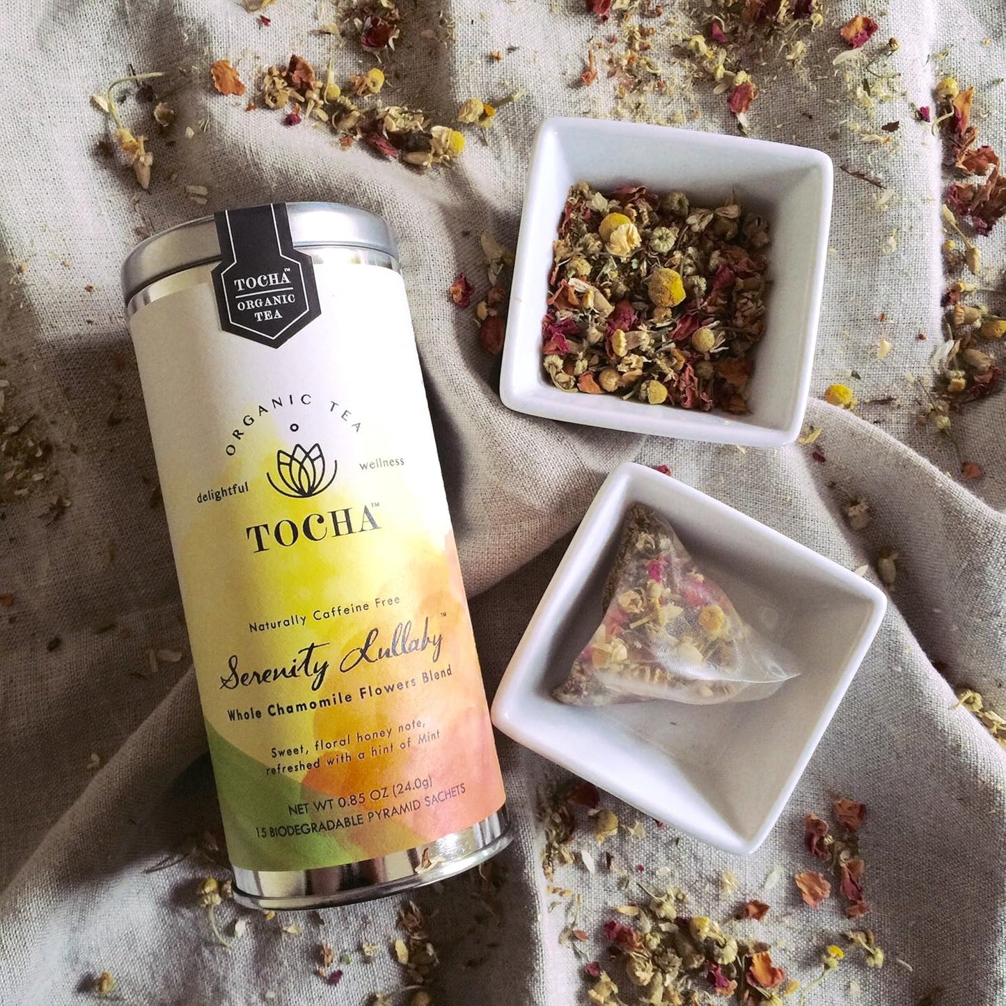 Tocha Organic Serenity Lullaby Chamomile Tea – Caffeine-Free Sleep & Relaxation Blend | 15 Biodegradable Pyramid Bags | Chamomile, Rose, Osmanthus & Mint for Restful Sleep, Support Digestive Health