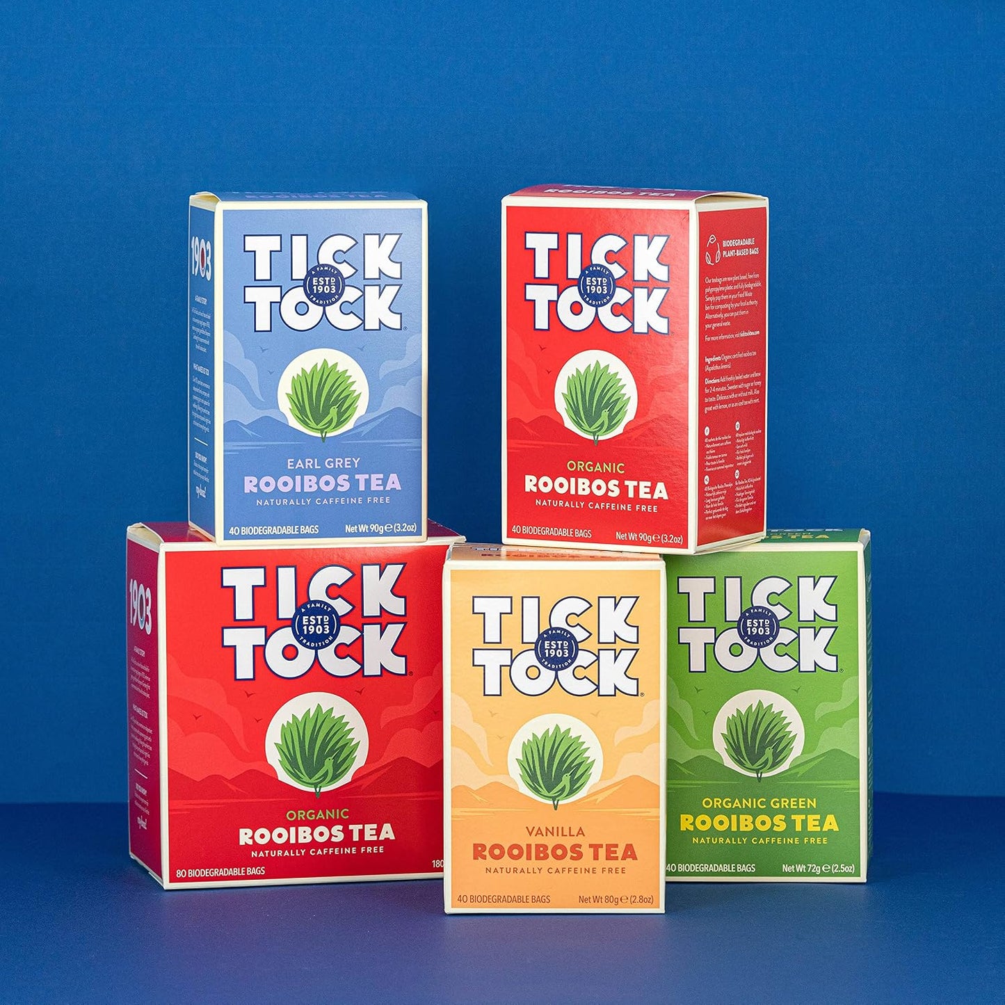 TICK TOCK TEAS Organic Rooibos Tea Bags - Naturally Caffeine Free Red Bush Herbal Tea from South Africa | Smooth &amp; Rich Flavor, Low Tannin, Enjoy Hot or Iced with Milk, Lemon, or Honey - 80 Count