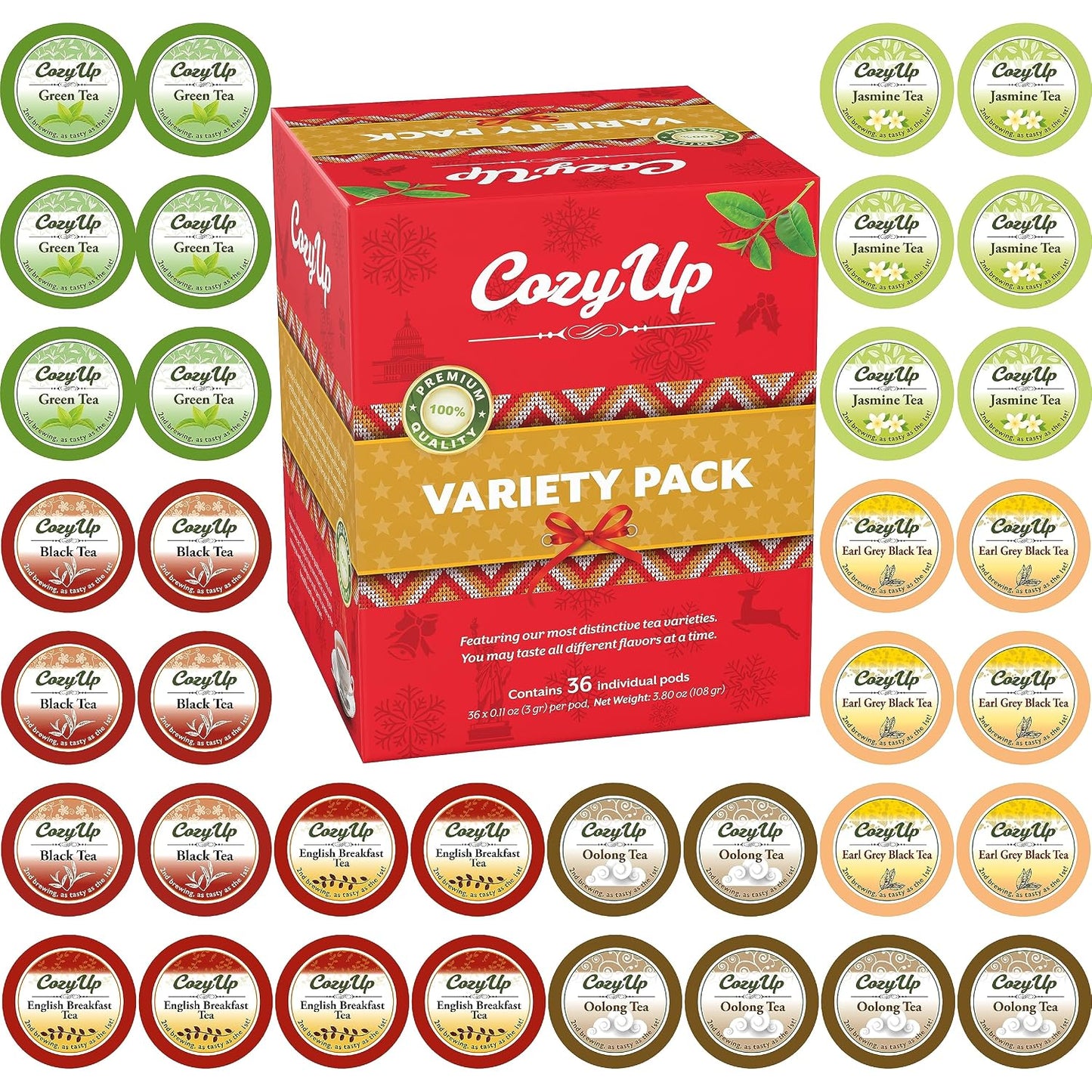 Cozy Up 36-Count 6 Flavors Variety Tea Pod, Compatible with Keurig Brewer | Including Green, Black, Jasmine, Earl Grey