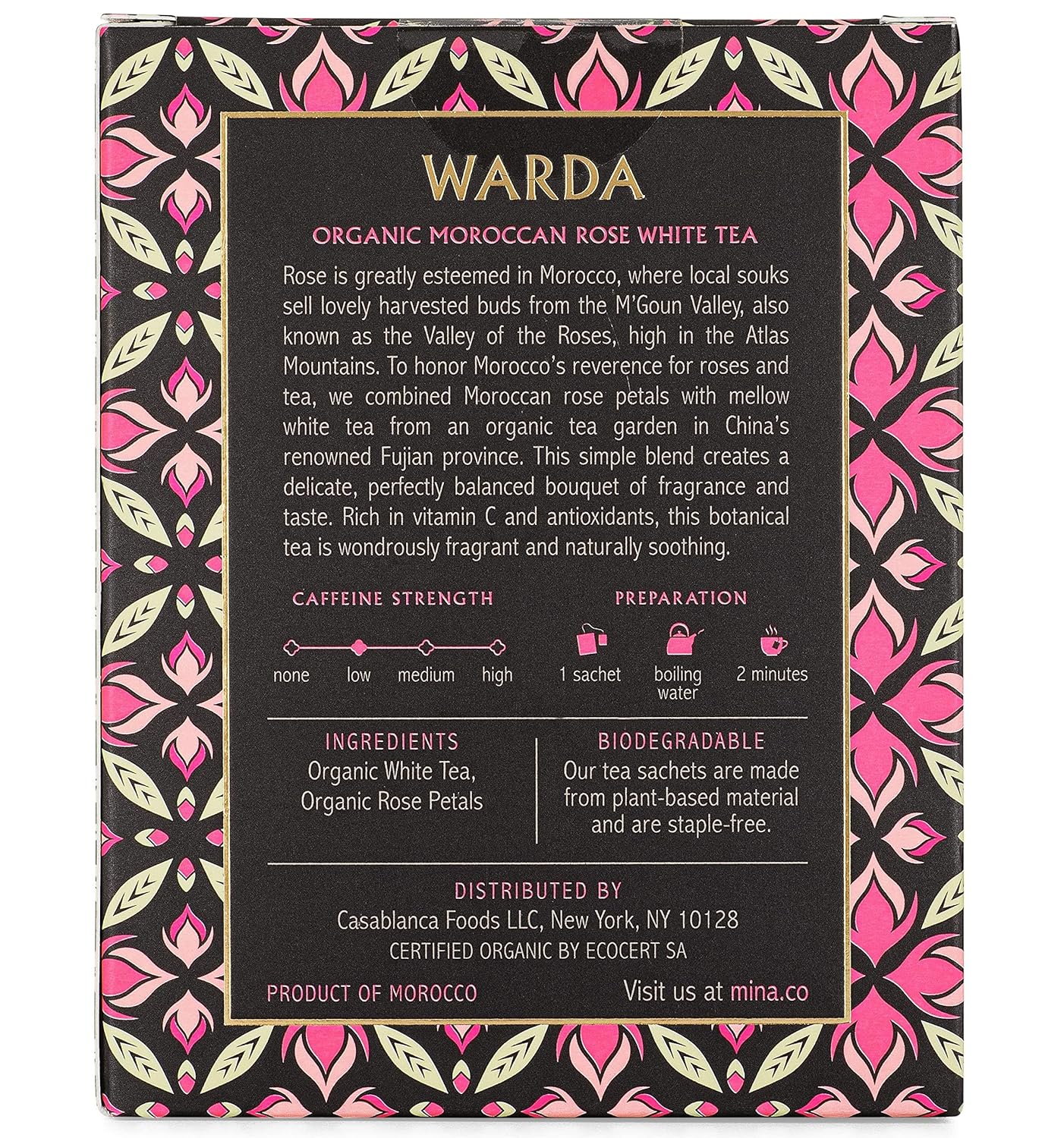 Mina Warda Organic Moroccan Rose White Tea, 15 Biodegradable Sachets - Rose Tea Bags, White Tea with Moroccan Rose Petals, Organic White Tea Bags, Low Caffeine Tea