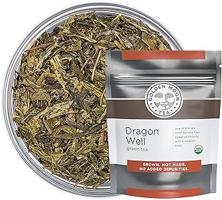 Golden Moon Tea Organic Dragon Well Longjing Green Tea - Loose Leaf, Non GMO - Half Pound (96 Servings)