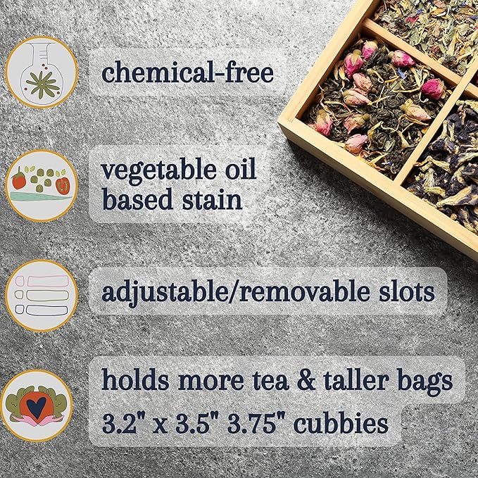 Bamboo Tea Organizer Box Chemical Free Eco-Friendly Big, Tall, Adjustable Cubbies Natural Wooden Storage Chest (Tea Time, 6-Slot 11" x 8.1" x 4.2")