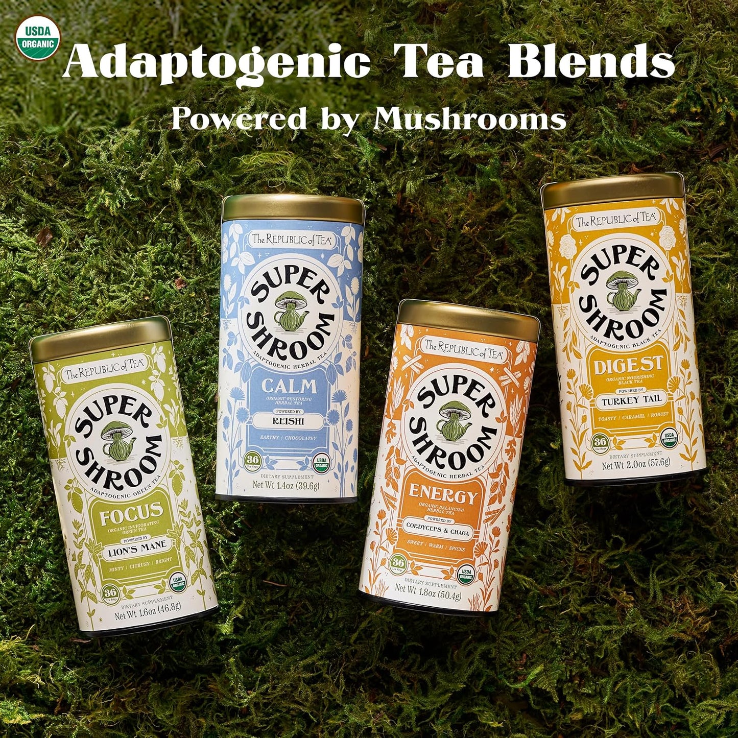 The Republic of Tea SuperShroom Organic Calm Herbal Tea, 36 Count | Caffeine Free. Suitable for day or evening sipping. Notes of cocoa, roasted root and earthy mushroom.