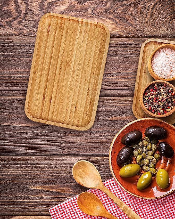 Bam&Boo Bamboo Serving Tray Natural Minimalist Rectangular (11.3” x 6.2" x 0.8") Coffee, Tea, Food, Drinks, Storage, Decor for Home, Kitchen, Bathroom