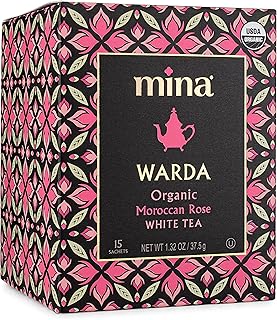 Mina Warda Organic Moroccan Rose White Tea, 15 Biodegradable Sachets - Rose Tea Bags, White Tea with Moroccan Rose Petals, Organic White Tea Bags, Low Caffeine Tea