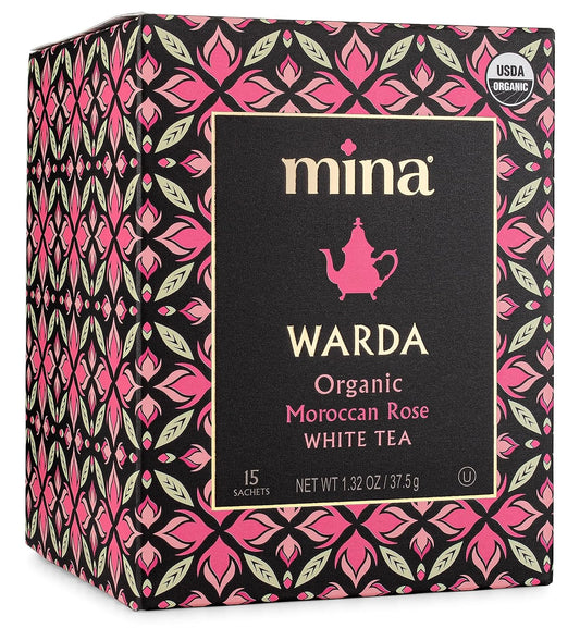 Mina Warda Organic Moroccan Rose White Tea, 15 Biodegradable Sachets - Rose Tea Bags, White Tea with Moroccan Rose Petals, Organic White Tea Bags