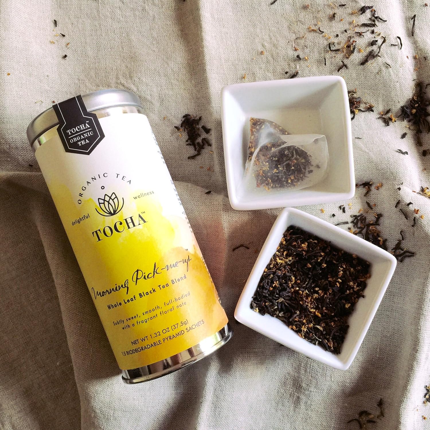 Tocha Organic Morning Pick-Me-Up Black Tea – Bold & Smooth Caffeine Boost | 15 Biodegradable Pyramid Bags | Floral Osmanthus Aroma, Non-GMO & Gluten-Free