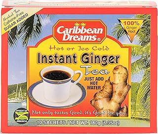 Caribbean Dreams Instant Ginger Tea, 100% Natural from Jamaica, Strong Taste and Aroma, 10 Sachets
