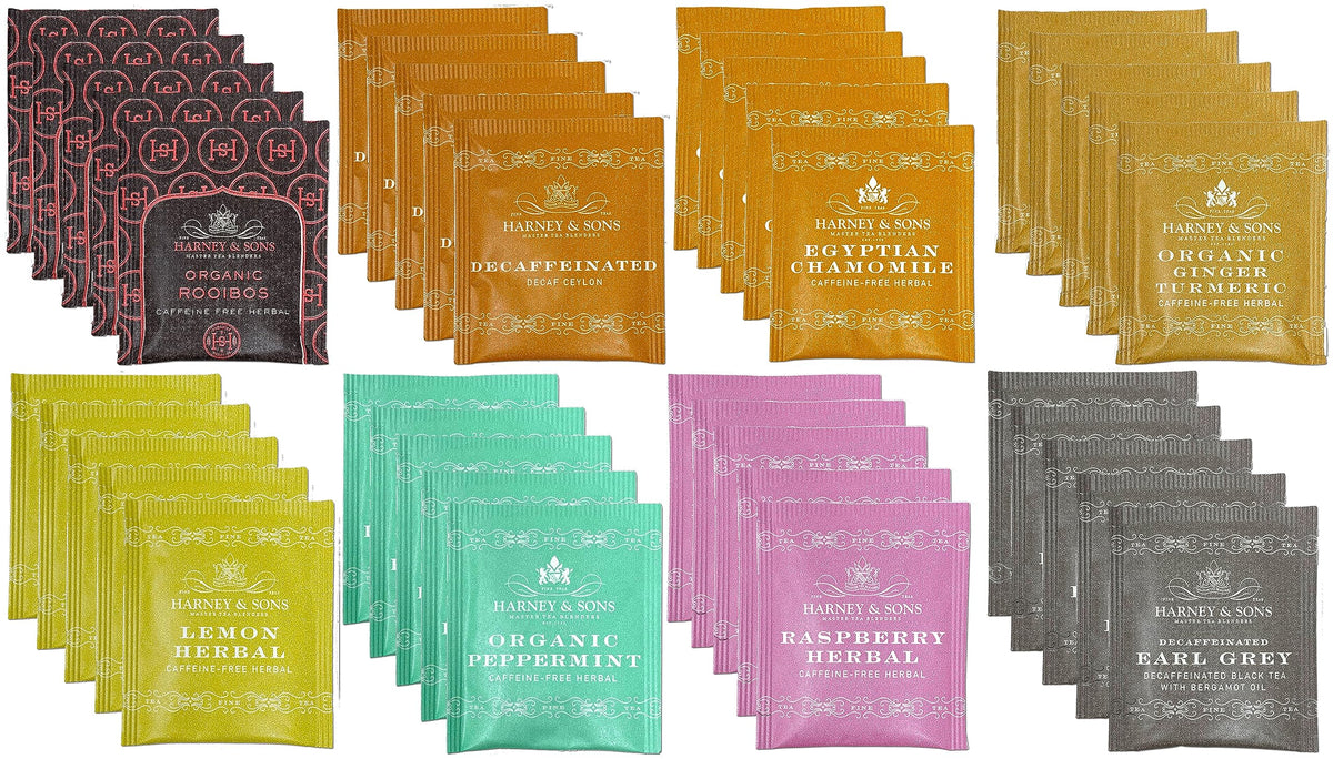 Harney & Sons Assorted Tea Bag Sampler 40 Count – Harney Decaf Tea Bags Variety Packs, Herbal Tea Bundle Caffeine Free Tea