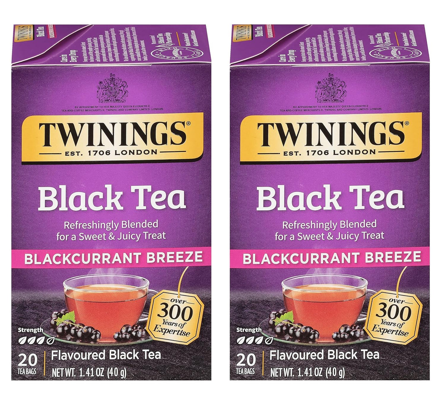 Twinings Blackcurrant Breeze Black Tea Individually Wrapped Bags, 20 Count (Pack of 2), Sweet, Tangy Taste, Caffeinated, Enjoy Hot or Iced, 40 Teabags