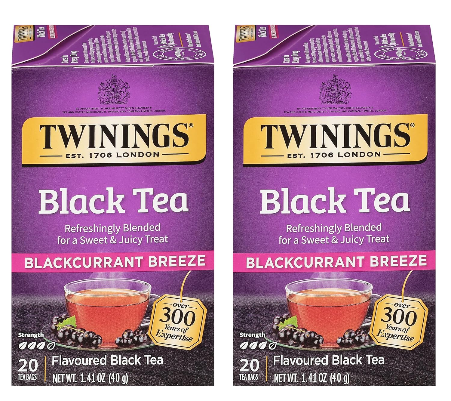 Twinings Blackcurrant Breeze Black Tea Individually Wrapped Bags, 20 Count (Pack of 2), Sweet, Tangy Taste, Caffeinated, Enjoy Hot or Iced, 40 Teabags