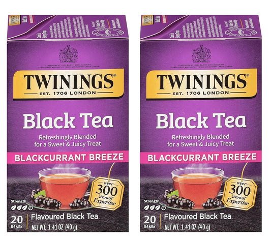 Twinings Blackcurrant Breeze Black Tea Individually Wrapped Bags, 20 Count (Pack of 2), Sweet, Tangy Taste, Caffeinated, Enjoy Hot or Iced, 40 Teabags