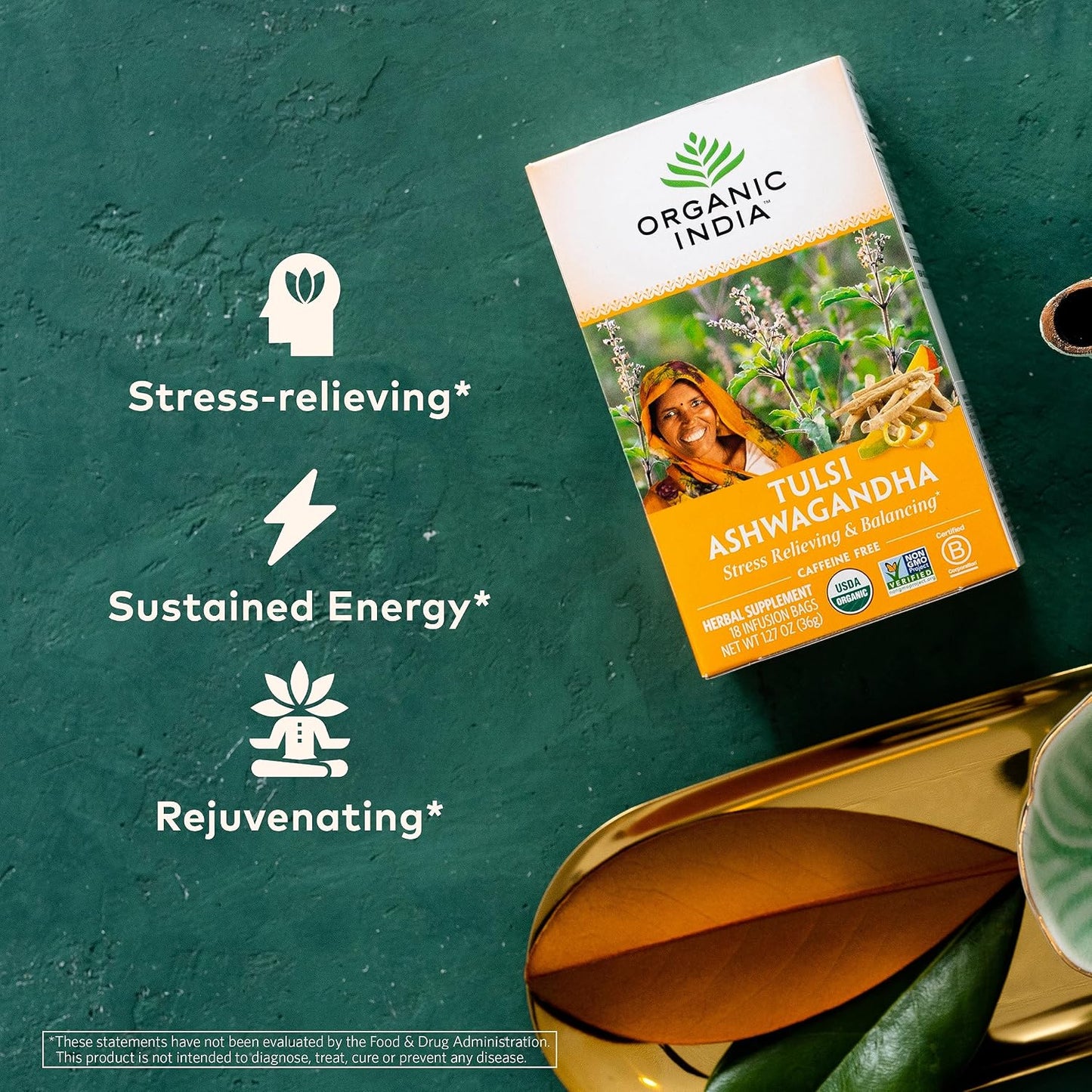 ORGANIC INDIA Calming Tulsi Ashwagandha Tea - Organic Tea Bags, Holy Basil, Vegan, USDA Certified Organic, Non-GMO, Caffeine Free - 18 Infusion Bags, 6 Pack | Organic Tea Bags, Holy Basil, Vegan, USDA Certified, Non-GMO, Caffeine Free