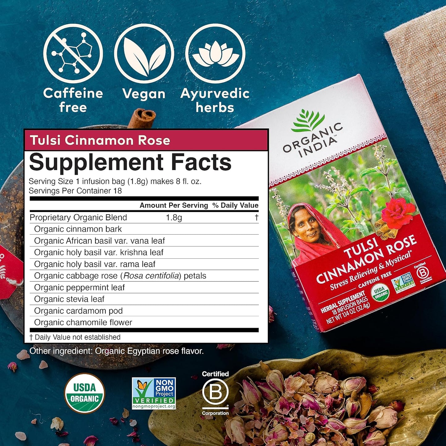 ORGANIC INDIA Tulsi Cinnamon Rose Tea Bags, 18 Infusion Bags, 6 Pack | Tulsi Rose Tea, Cinnamon with Holy Basil, Chamomile, Stevia, USDA Certified Organic Caffeine Free Herbal