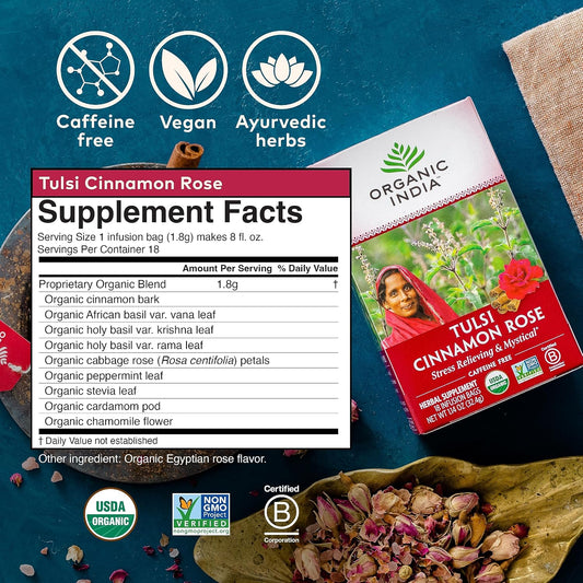ORGANIC INDIA Tulsi Cinnamon Rose Tea Bags, 18 Infusion Bags, 6 Pack | Tulsi Rose Tea, Cinnamon with Holy Basil, Chamomile, Stevia, USDA Certified Organic Caffeine Free Herbal