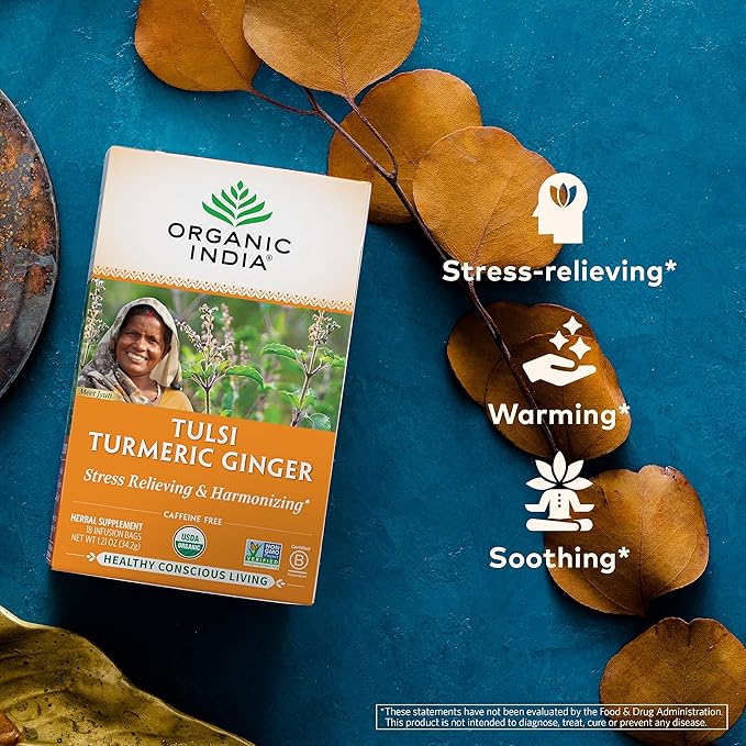 Organic India Tulsi Tumeric Ginger Herbal Tea - Stress Relieving & Harmonizing, Immune Support, Aids Digestion, Vegan, Caffeine-Free