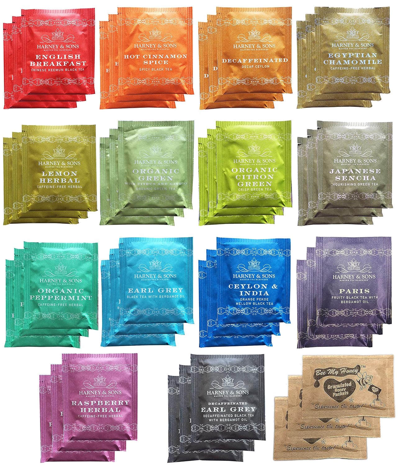 Harney & Sons Assorted Tea Bag Sampler Bundle 42 Count With Honey Crystal Packs Great for Birthday, Hostess and Co-worker Gifts, Tea Set Gifts
