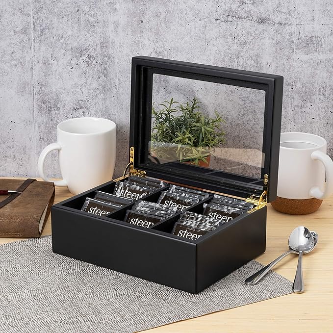 Break Tradition Wooden Tea Organizer For Tea Bags - 6 Compartments, Clear Top Window, Lid Stays Open (Black)