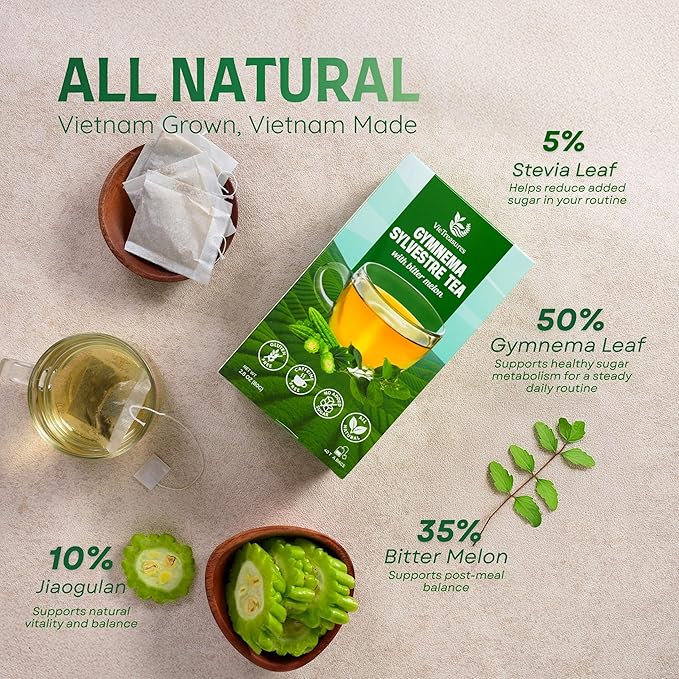 VieTreasures Gymnema Leaf Tea - 2.8oz (40 Tea Bags) | With Bittermelon, Stevia | Non GMO, Caffeine-Free, Antioxidant, Vegan, Keto-Friendly Organic Herbal Infusion Tea | Energy Boost & Health Support