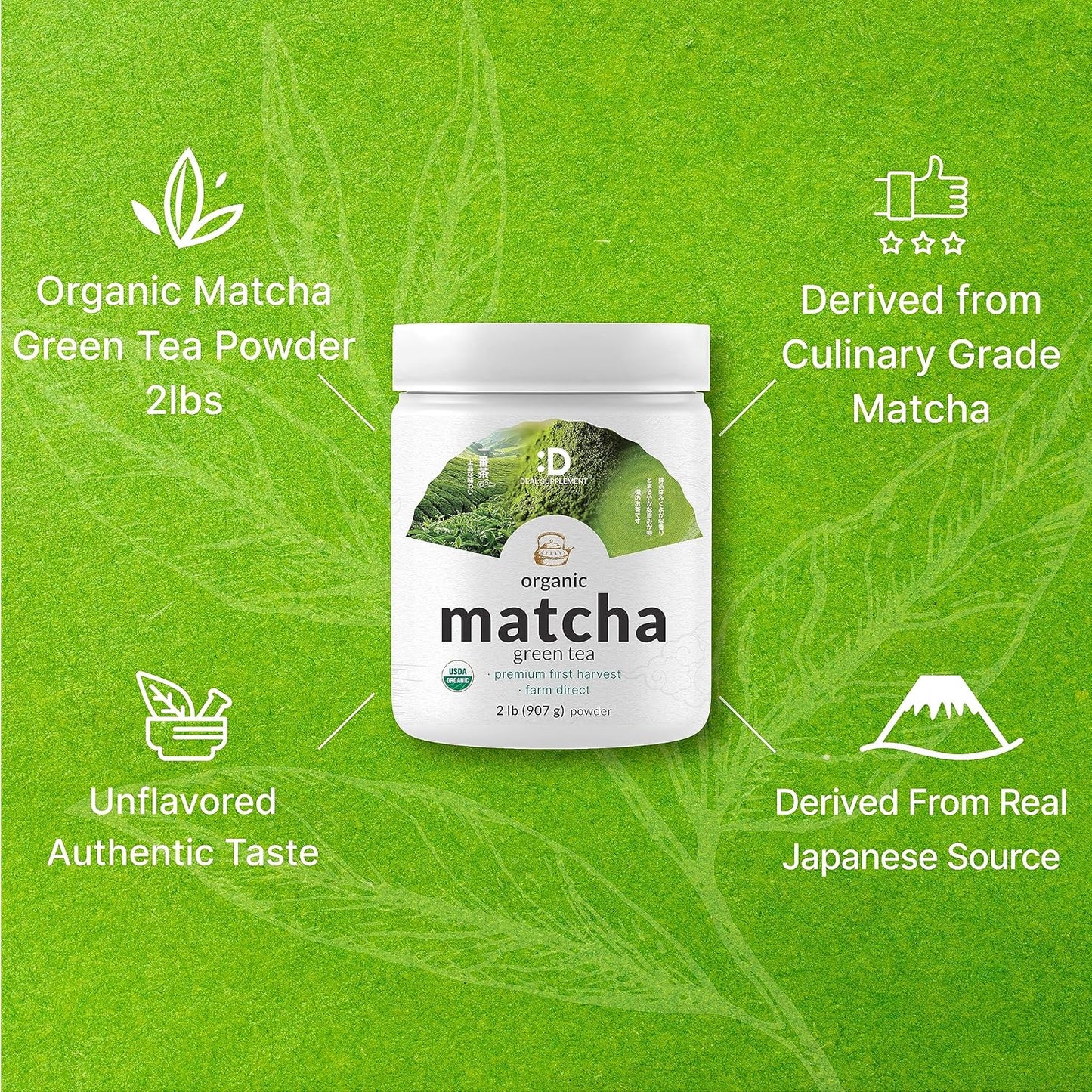 Organic Matcha Green Tea Powder, 2 lb (907g) | First Harvest, Culinary Grade | Japanese Sourced Cafe Mix | Zero Sugar, Keto Friendly, Non-GMO, Vegetarian