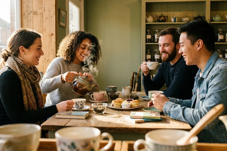 Friends socializing in a warm tea lounge with premium loose-leaf tea — Steep Society's modern gathering moments